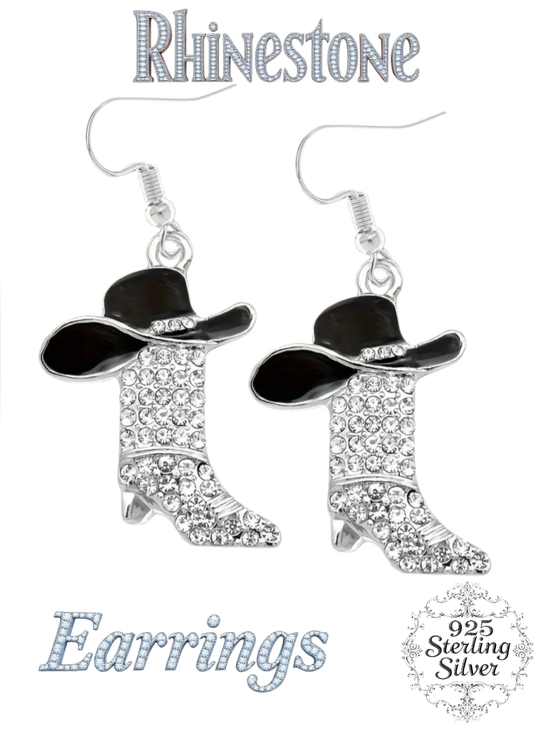 Just Jen Jewelry - 925 Sterling Silver Cowboy Boot & Hat Drop Earrings - Black/Silver